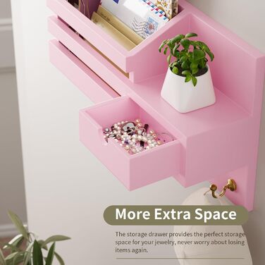 Настінна органайзер для ключів з 6 гачками та шухлядою, дерев'яна полиця для ключів, ключниця на стіну, для дому, офісу, прихожої (білий) (Рожевий - 02)