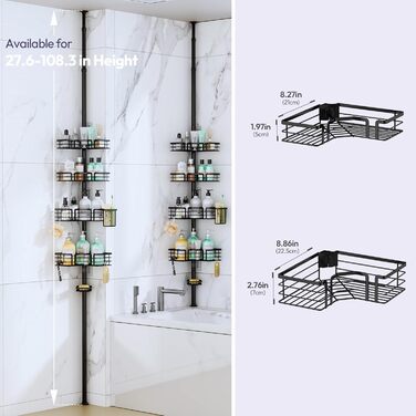 Регульована поличка для душу SWTYMIKI з нержавіючої сталі, 4 яруси, з мильницею, тримачем для зубних щіток та 4 гачками, 70-275 см, чорний (без свердління)