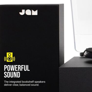Програвач вінілових пластинок JAM з колонками Bluetooth – чорний. 3 швидкості, вбудовані динаміки, пилозахисний ковпак, попередньо налаштований тонарм, засіб для чищення вінілу.