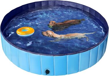 Yaheetech Foldable Dog Pool, Splash Pool for Dogs 160 x 30 cm, Anti-Slip Plates, Quick Drainage, Dog Bathtub with Bath Brush & 4 Patches, Thickened PVC Swimming Pool, Blue