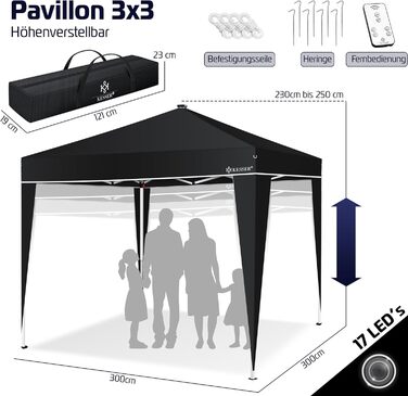 KESSER® Pavilion Folding Pavilion 3x3m with LED Lighting | Pop-Up Garden Pavilion Height Adjustable, Stable, Waterproof, Winter-Proof | Party Tent, Event Tent, UV Protection 50+ including Remote Control & Bag Black