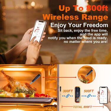 Бездротовий термометр для м'яса, цифровий кухонний термометр з бездротовим зондом, дальність 152 м, термометр для їжі, сумісність з iOS & Android, попередньо запрограмовані температури для гриля, духовки