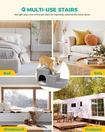 PETEPELA Folding Dog Stairs, 3 Steps, Pet Stairs for Small Dogs with Storage Space, 3 Steps to Couch