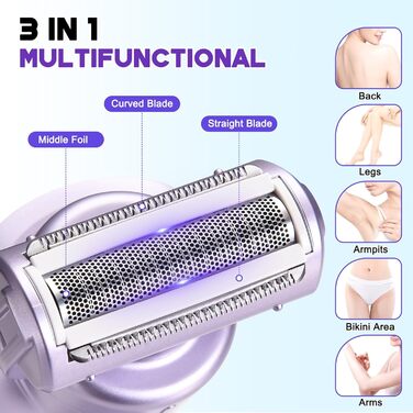 Електричний жіночий епілятор Hatteker 3-в-1: тример для бікіні, бритва та епілятор. З LED-дисплеєм, водонепроникний IPX7, USB-зарядка (фіолетовий)