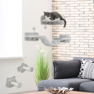 PawHut Cat Climbing Wall Set, 4-Piece Cat Furniture with Steps, Ladder, Jumping Towers, Scratching Posts, Play Ball, Sisal, for Cats up to 5 kg, Light Gray | Aosom