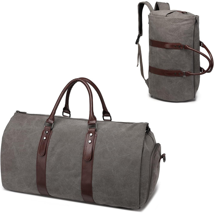 Portable Garment Bag, Men's Suit Bag for Business Travel, Large Leather Travel Bag with Shoe Compartment (Gray Backpack)