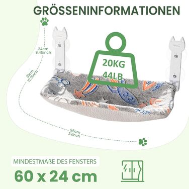 Кішка ліжко на вікно, світлодіодна килимок, складана, бездротова, до 20 кг, зручне ліжко з оглядом 360°, кішка гамак, віконце ліжко (Сірий, 1 шт.)