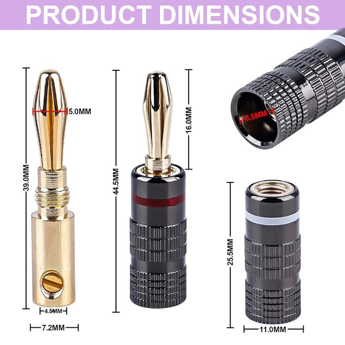 Бананові конектори Vegena 20 шт. для акустичних кабелів, 24K позолота, підійдуть для підключення до підсилювача, AV-ресивера