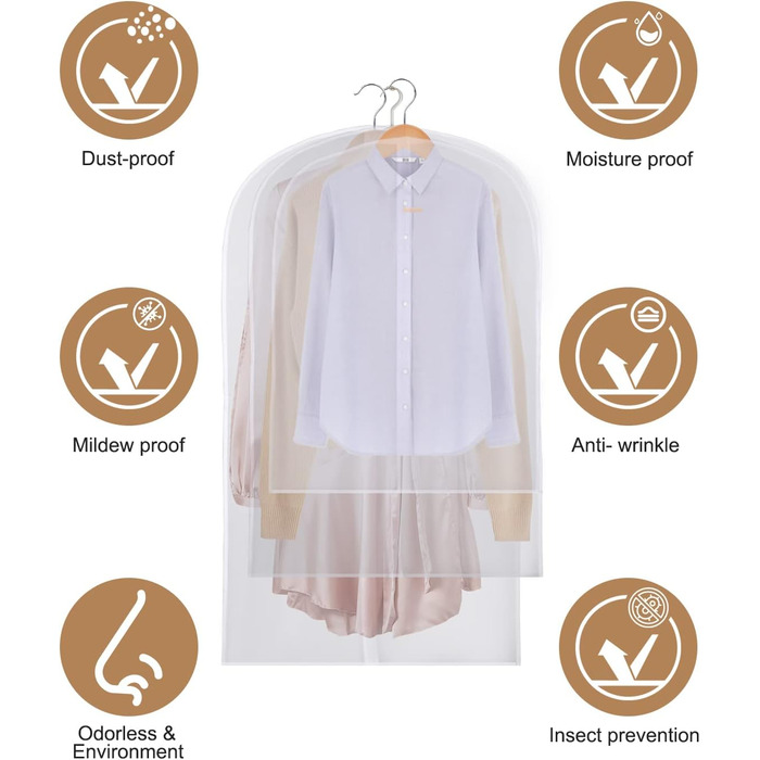 16 шт. мішки для одягу, великі, середні та короткі, 60 x 120/100/80 см, з блискавкою, прозорі, для костюмів, пальто, суконь, сорочок, зберігання, захисні чохли (білий)