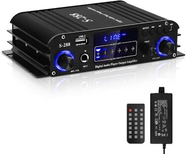 HiFi підсилювач S-288 600Вт, міні Bluetooth стерео аудіо ресивер, 12В/220В, 4 канали, цифровий підсилювач із LCD-дисплеєм, FM-радіо, Bluetooth, USB-вхід, для дому або авто
