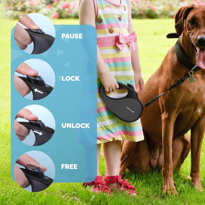 Висувна поводок для собак FurDreams – міцний, 5-метровий поводок з надійним затискачем | Нековзний ручка з контролем блокування | Міцний нейлоновий поводок, що не заплутується & гачок для нашийника (Чорний, Великий) Чорний Великий