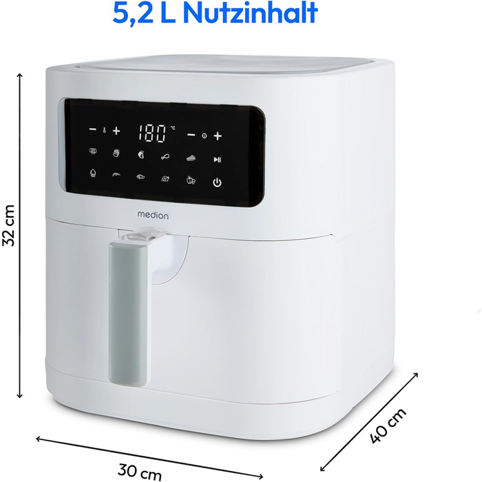 Аерофритюрниця MEDION E40 XL (5.2 л, 2150 Вт) з 9 автоматичними програмами, функцією випікання та сенсорним LED-дисплеєм, без PFAS, матовий сірий