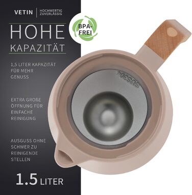 VETIN 1.5L Thermos Flask 304 Stainless Steel Double-Walled Vacuum Insulation, Coffee Pot Thermo with Wood-Look Handle, Insulated Carafe 10h Heat / 16h Cold (Khaki)