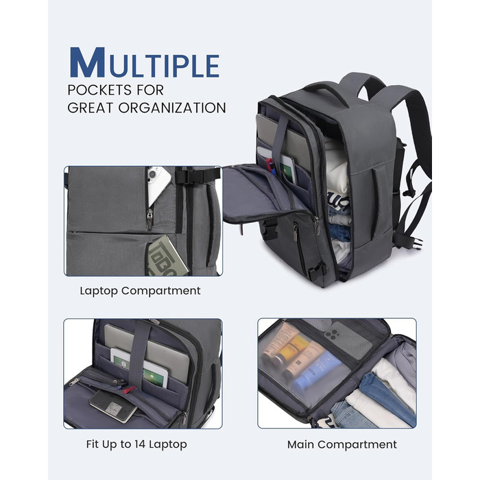 LOVEVOOK Рюкзак для подорожей, ручна поклажа, 40x30x20 см, 24л, для ноутбука 14 дюймів, сірий
