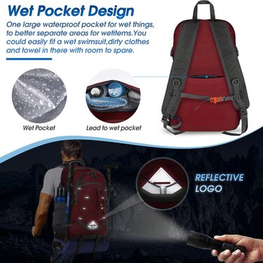 IGOLUMON Hiking Backpack Men Women 40L Waterproof Backpack Lightweight Foldable Travel Backpack Trekking Backpack with Reflective Strips For Cycling, Climbing, Mountaineering and Travel Sports, Red