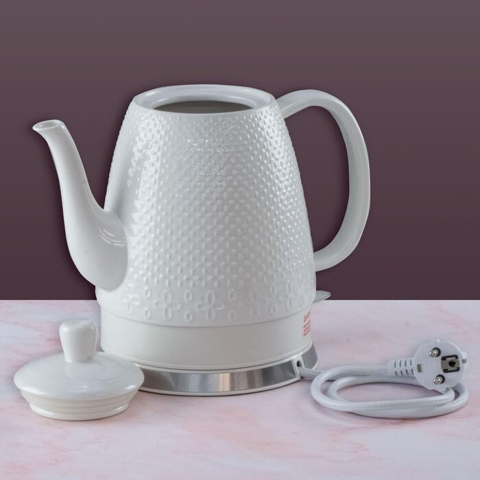 Електричний чайник з кераміки, 1,5 л, знімний кришка, білий - Дизайн Sakura, лебідячий ніс