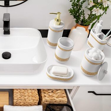 Набір аксесуарів для ванної кімнати з діамантами: органайзер, диспенсер для мила, стакан для зубних щіток, мильниця, контейнер для ватних паличок, 5 шт. Білий, кераміка