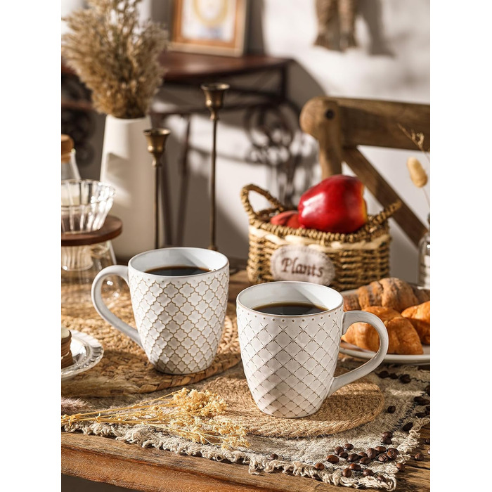 DOWAN Coffee Mug Set, 6 x 560 ml Porcelain Coffee Cups, Large Mugs with Embossed Pattern in Country House Style for Coffee, Milk, Tea & Hot Chocolate, Reactive White Mug Set