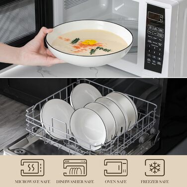 MALACASA Набір посуду 6 предметів: тарілки для пасти, супу, салату, сервірування. Глибокі тарілки для спагеті, велика супова миска. 1250 мл, білий з чорним обідком. Кераміка, преміум якість.