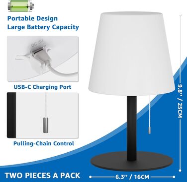 LED-лампа на акумуляторі для вулиці та дому Uuffoo, 7 кольорів, USB-C, для спальні, столу, саду, балкону, кемпінгу (чорна) (2 шт.)