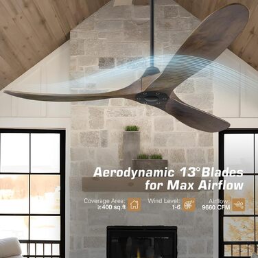 Дерев'яний стельовий вентилятор 152 см з дистанційним керуванням, 60 дюймів, 3 лопаті, DC-двигун, для дому та вулиці, таймер, коричневий