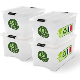 Iris Ohyama Storage Box with Lid, 6-Piece Set, Transparent, Snap Closures with Handles, Stackable, Strong & Durable, For Clothes, Garage, Home, Office, Plastic Box, Storage TB-45 (45L, x4)