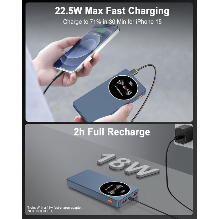 Портативний зарядний пристрій Power Bank Klein 10000mAh з USB-C, 3 порти, сумісний з iPhone/Android (Блакитний)