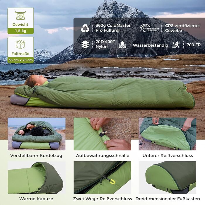 ATEPA 3-Season Down Sleeping Bag - Recyclable 650FP, Lightweight with Removable Blanket - Adult Quilting Sleeping Bag for Backpacking & Hiking (Pro Green, ThermaExtreme Pro Max)