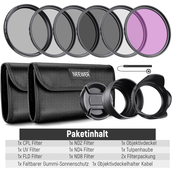 Набір фільтрів NEEWER 55mm ND2 ND4 ND8 UV FLD CPL: Фільтри для об'єктива з кришкою та блендою