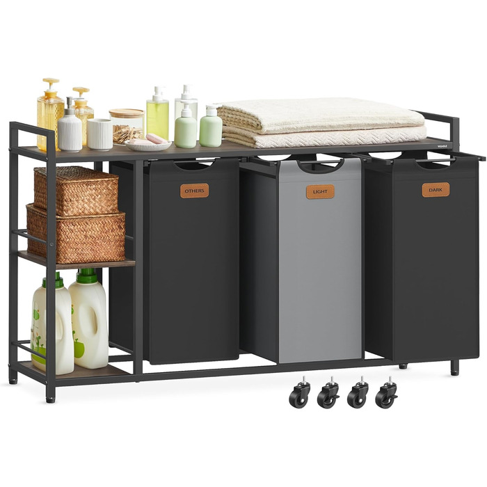 VASAGLE Laundry Basket with 3 Compartments, Laundry Collector 150 L, Laundry Sorter, Wheels, Laundry Cart with Shelves, Laundry Bag, with Removable Bags, 6 Labels, Chestnut Brown-Ink Black-Dove Gray BLH312B01