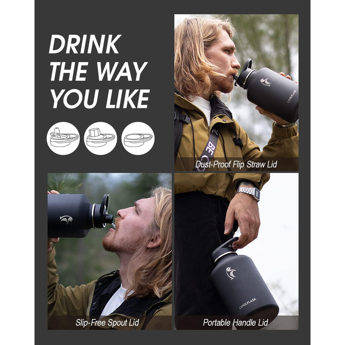 Coolflask 2L Stainless Steel Water Bottle with PU Leather Sleeve, Half Gallon Insulated Water Bottles with Straw Lid, Stainless Steel Metal Large Water Jug, Keeps Cold for 48h Hot for 24h, Polar Black