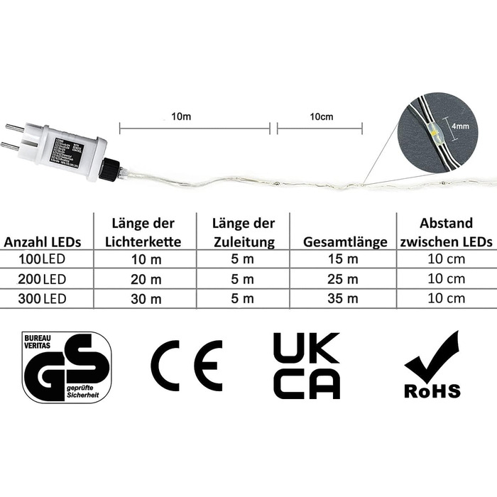 Гірлянда світлодіодна Gresonic 200/300 LED, мікро-сріблястий дріт, для декору інтер'єру та екстер'єру, тепле біле світло, 8 режимів