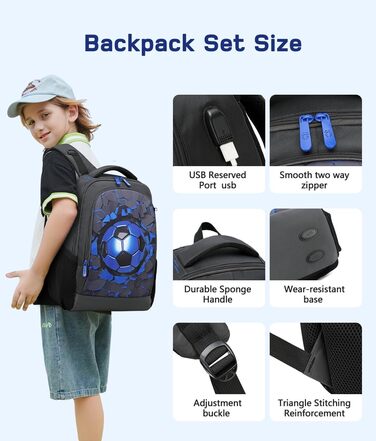 Дитячий рюкзак Cusangel для дівчаток та хлопчиків, ергономічний, регульований, водостійкий, з нагрудним ременем (футбольний, чорний)