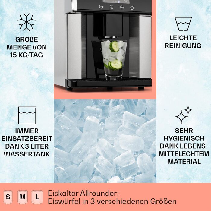 Машина для приготування льоду Klarstein Eiswürfelmaschine Klein, 3L, срібляста, 10-15 кг/24г