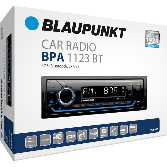 Автомагнітола Blaupunkt BPA 1123 BT 1-DIN, FM-RDS, Bluetooth, USB, Aux, Multicolor, 200 Вт