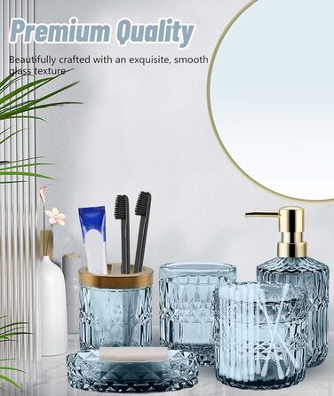 Набір аксесуарів для ванної кімнати Qivine 5 шт., блакитний: стакан для зубної пасти, дозатор мила, контейнер для ватних паличок. Сучасний набір скляних аксесуарів для ванної кімнати