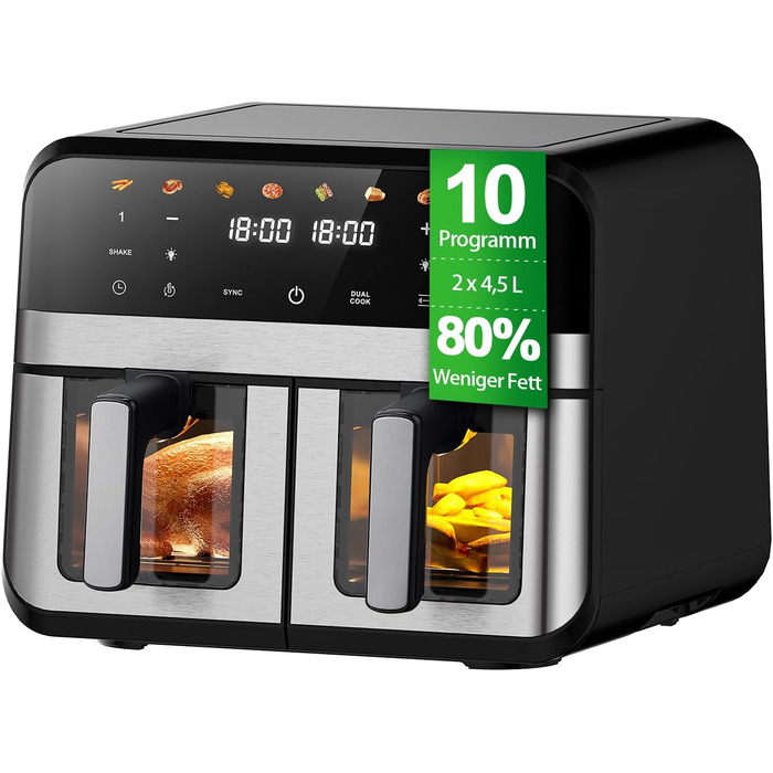 Фритюрниця повітряна Jacgood з 2 кошиками, 1800W, 9L, цифрове керування, 8 меню, з прозорим вікном