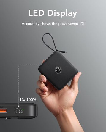 Power Bank VRURC 10000mAh з кабелем: компактний павербанк USB-C, швидка зарядка 22.5W, LED-дисплей, сумісний з iPhone, Huawei (зелений, чорний)