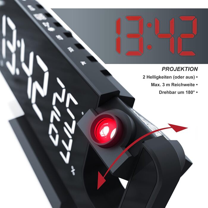 CSL - Digital Radio Alarm Clock – Projection Alarm Clock – 7 Buttons – 2 Alarms – Projection and Light – Auto Dimmer - 15 FM Radio Stations Memory – Temperature and Humidity Display - with Power Adapter