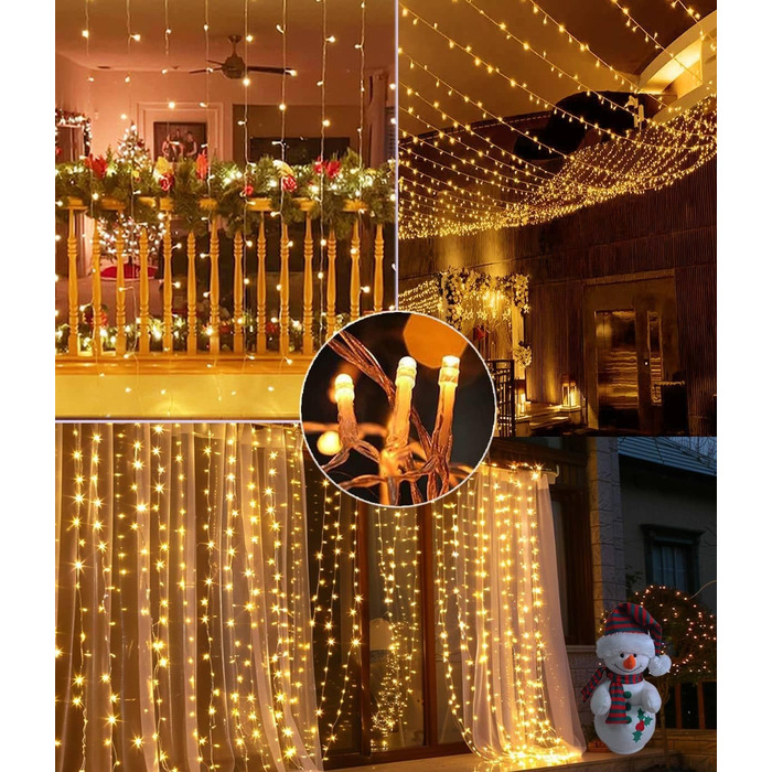 Лямпаденний завіс 6м x 3м, 600 LED, з вилкою, таймером, 8 режимів, вологостійкий, тепле світло. Ідеально для декору вікна, павільйону, саду, на Різдво.