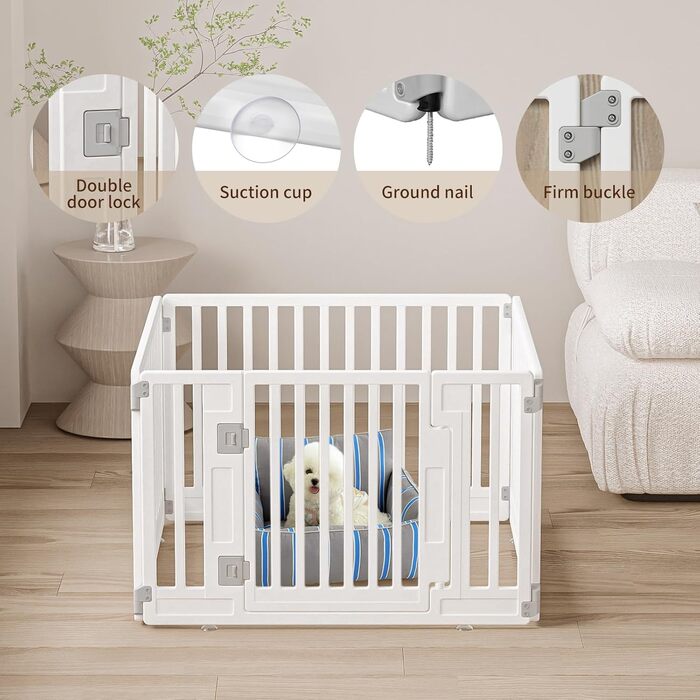 Клітка-забіг для цуценят Gupamiga, розкладний вольєр для собак з дверима, білий (178x178 см), 8 штук (4 секції)