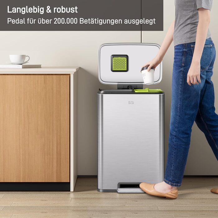 Відро для сміття EKO Madison 30L з висувним контейнером, м'яким закриттям кришки, стійке до відбитків пальців, нержавіюча сталь, прямокутне, з 20 мішками для сміття (25L+20L)