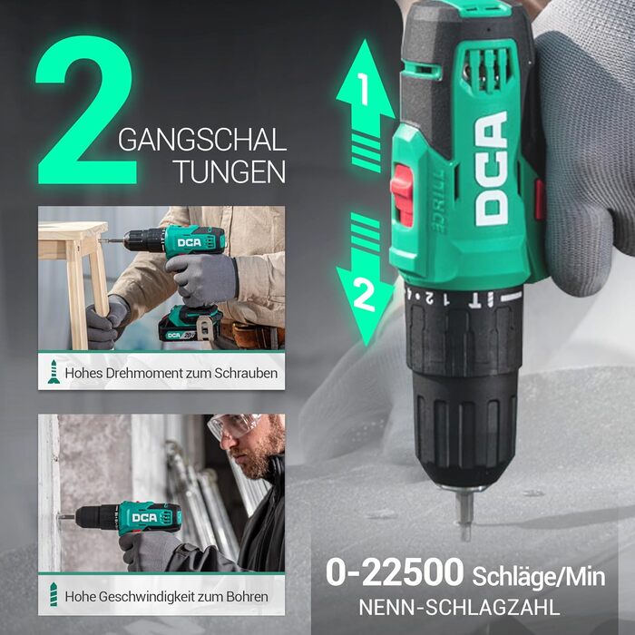 Акумуляторний ударний дриль-шуруповерт DCA 20V, 40 Нм, 13 мм, 22500 уд./хв, 18+1+1, комплект з 14 біт для бетону, металу, дерева