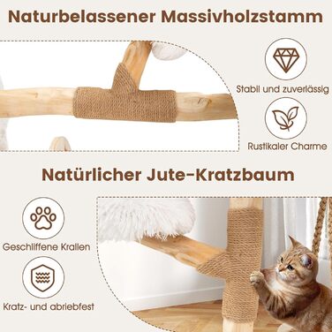 Дерев'яний кігтеточки для котів Costway з гамаком, мотузкою, натуральним деревом та jute-обтягнутими стовпчиками, 2 стійки та платформа, кігтеточки для котів, котячий комплекс, природа+білий (66 см)