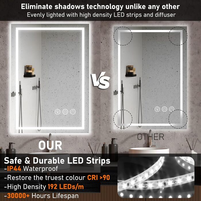 Дзеркало для ванної кімнати 50x70 см з LED-підсвічуванням, антизапарювання, диммування, 3 кольори світла