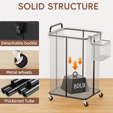 Bomclap Laundry Basket with Wheels, 150L Large Laundry Collector with an 8L Storage Basket, 2-Piece Metal Frame Laundry Basket with Handle for Laundry Room, Dorm, Bathroom, Bedroom, Black