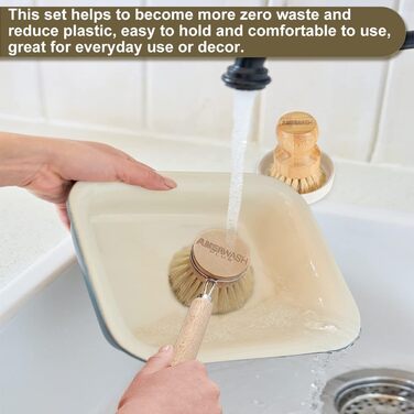 Dish Brush Set made of wood, for cleaning pots, pans and vegetables, natural bristles, bamboo scrub brushes with ceramic bowl, 1 long-handled dish brush + 2 palm-sized scrub brushes