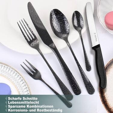 Набір столових приборів на 6 осіб, Targzier, 36 предметів, нержавіюча сталь, з ножами для стейка, преміум-якість, для сім'ї/вечірки/готелю, чорний колір, придатний для миття в посудомийній машині
