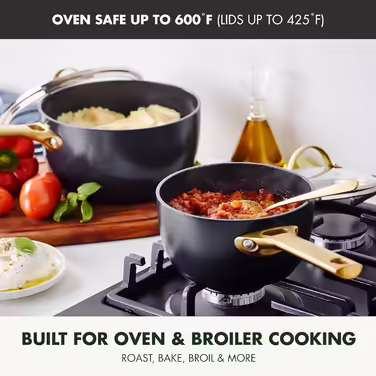 GreenPan Reserve Hartelox Ceramic Non-Stick Coating Cookware Set, 1.5QT and 3QT Saucepan Set with Lid, Gold-Colored Handle, PFAS-Free, Dishwasher Safe, Oven Safe, Black 4 Piece Set Black