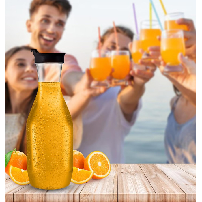 Party Bargains Plastic Carafe with Lid, Transparent, 2 Pack, Black Flip-Top Lid, Premium Quality and Robust Plastic Jug for Iced Tea, Powdered Juice, Cold Drinks, Mimosa Bar, 1.5 L